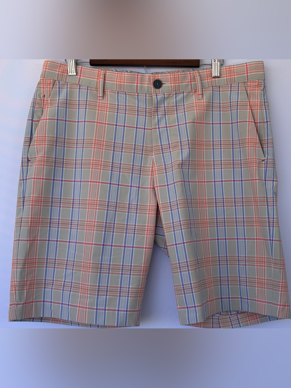 Tommy Bahama Men’s Set the Sail Performance Shorts Plaid Peach/Blue Size 36